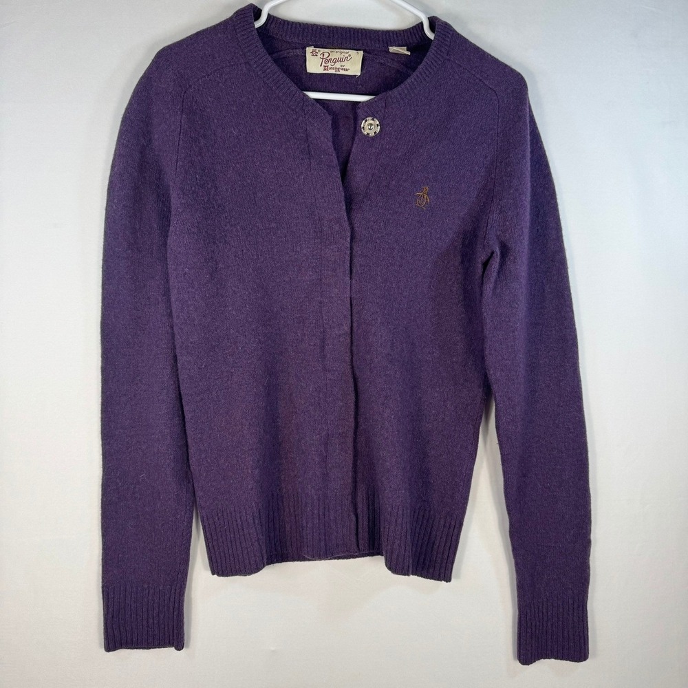 Original Penguin Munsingwear Purple Lambswool Cardigan Sweater Womens Small Logo